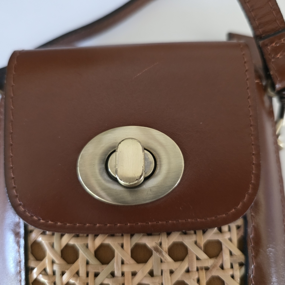 Patricia Nash Woven Rattan Cognac Leather Phone Crossbody Bag Boho Resort Summer - Picture 7 of 11